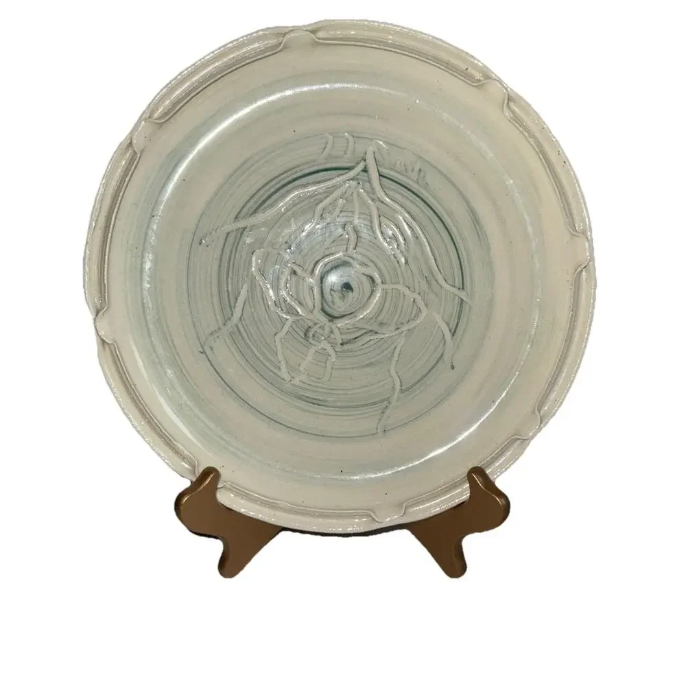 Studio Art Pottery Ceramic Turquoise Green Glazed Plate Impressed 9.5 Inches